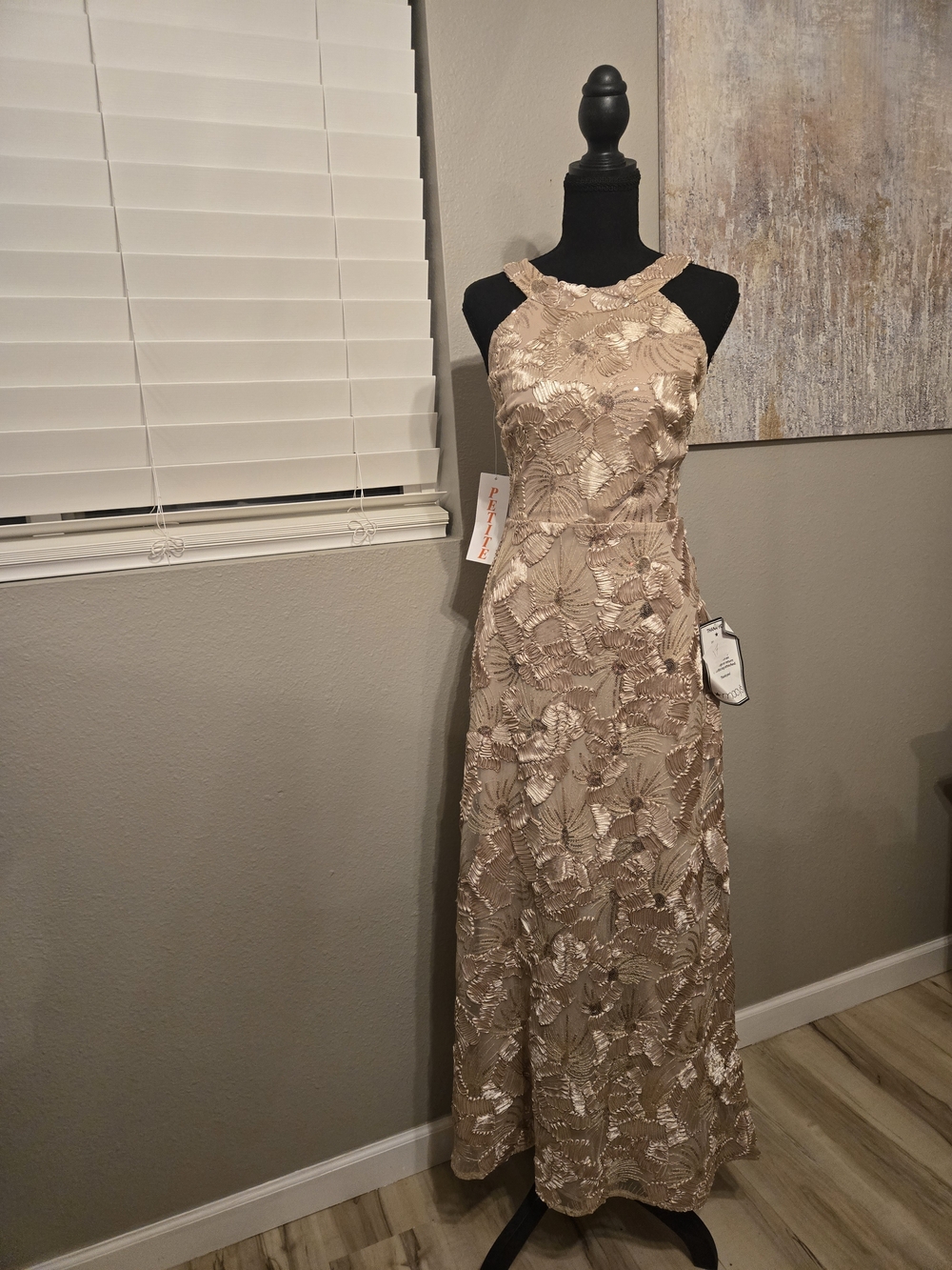 Betsy & Adam Gold Floral Lace Prom Dress